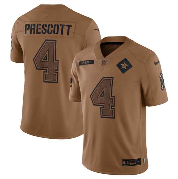 Mens Dallas Cowboys #4 Dak Prescott 2023 Brown Salute To Service Limited Football Stitched Jersey Dyin